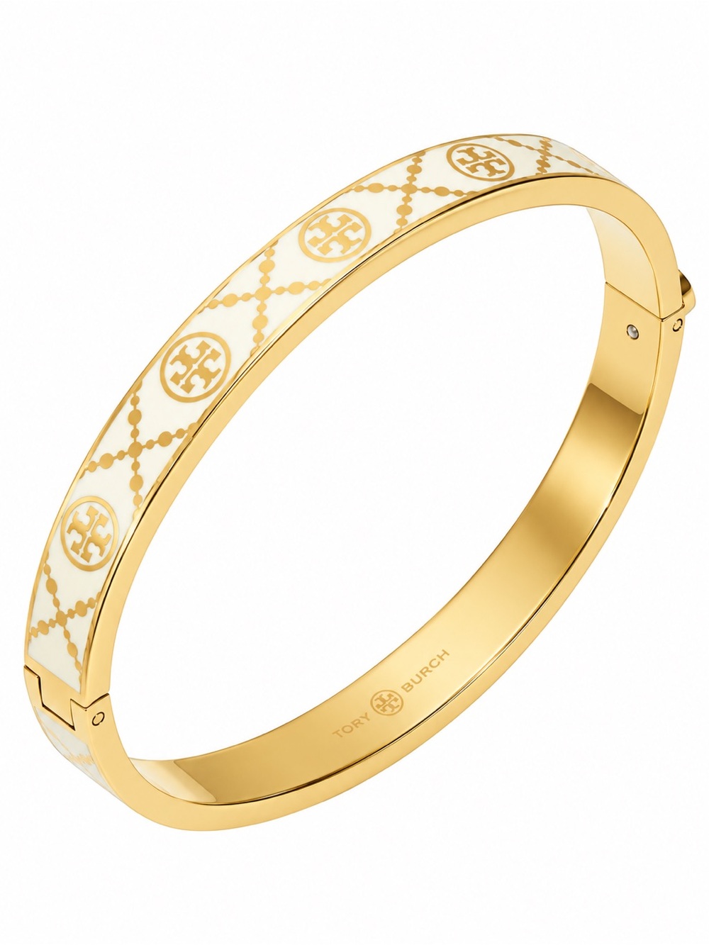 TORY BURCH • Ivory White Double T Monogram Hinge Bangle Bracelet Includes Pouch